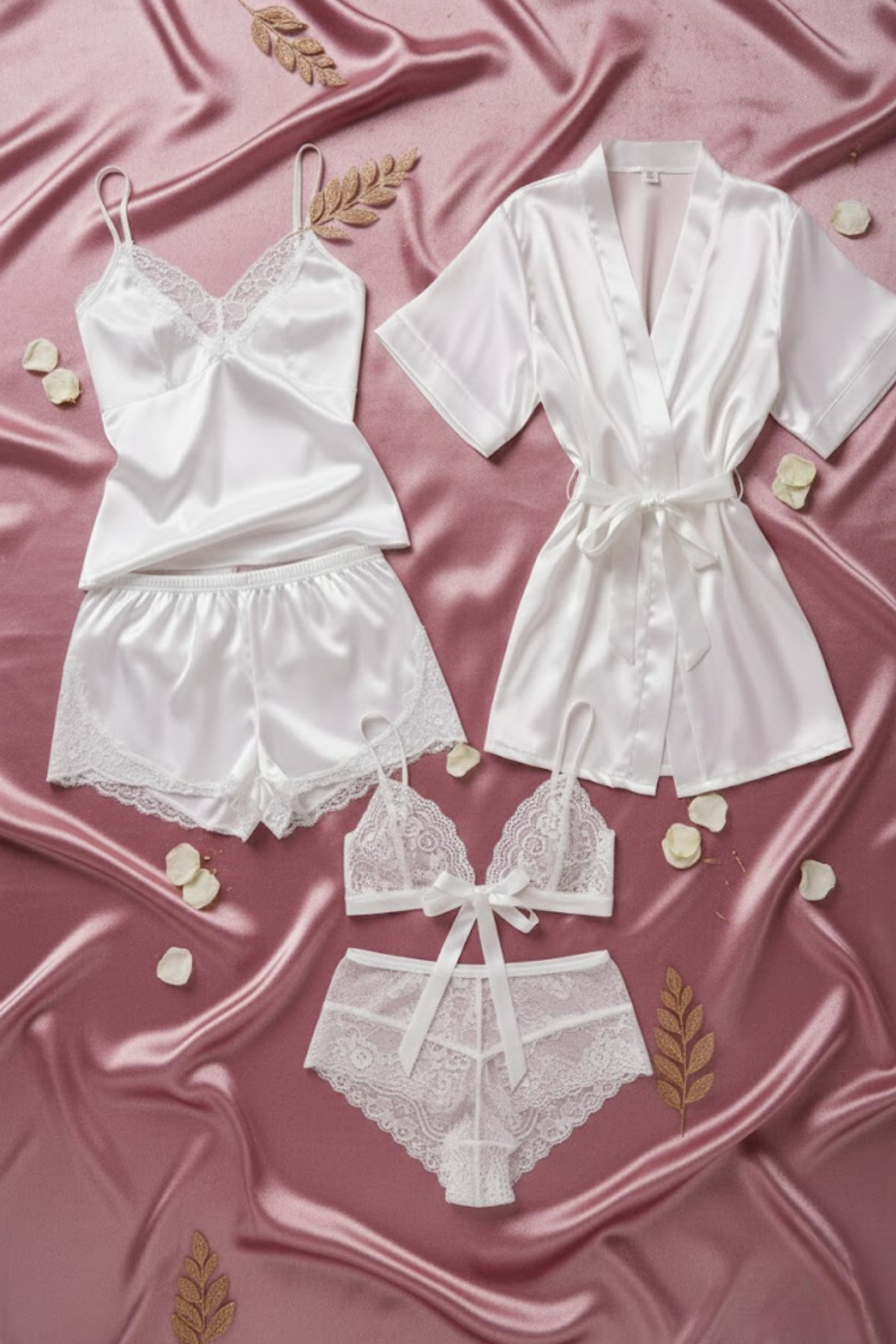 ZENCHES Kadın Saten 5’li Çeyiz Seti Ekru-Dantel Detaylı Şortlu Gecelik Takım, Sabahlık ve İç Giyim Seti