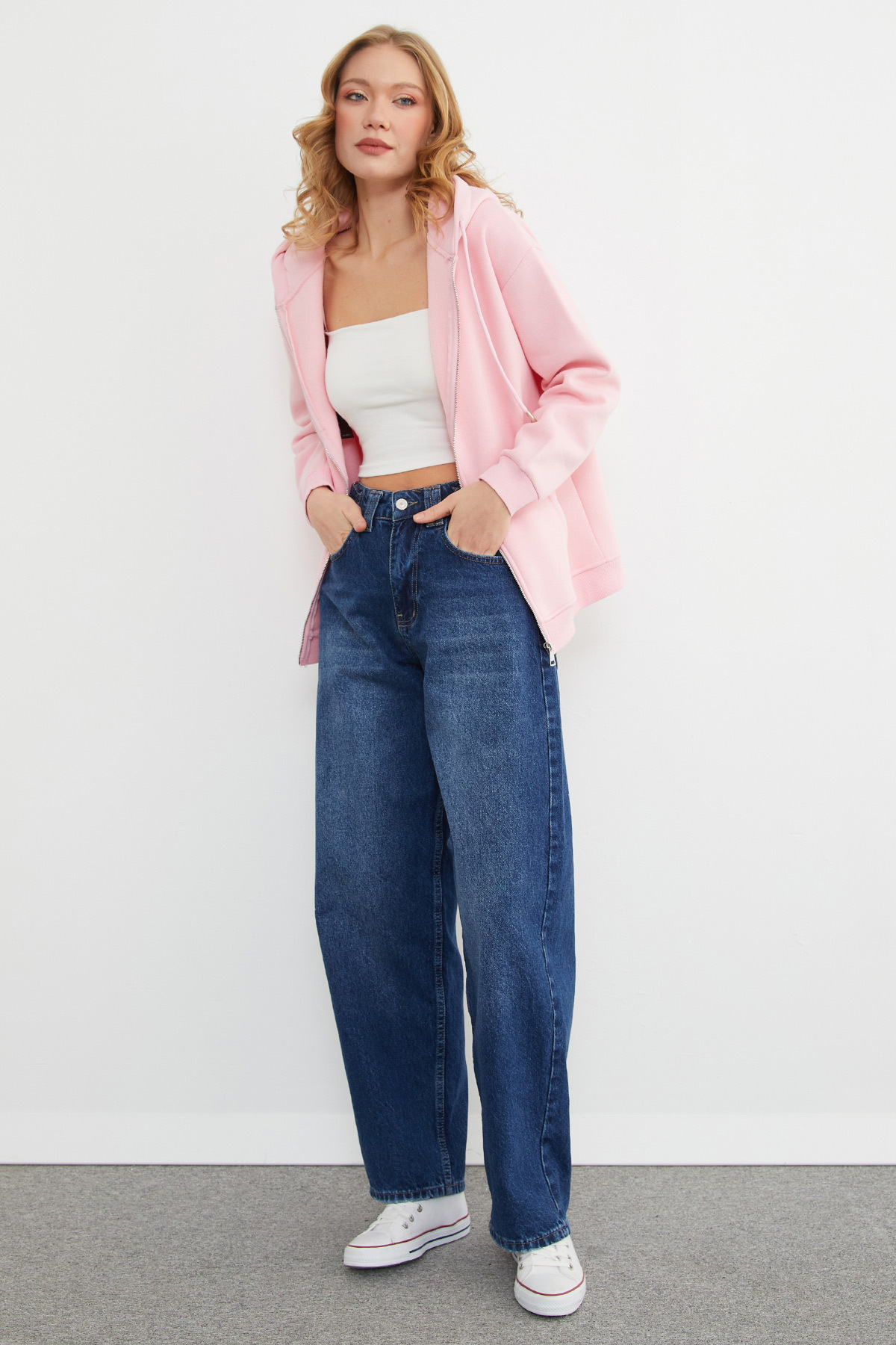 Fullamoda  Basic Fermuarlı Kapüşonlu Oversize Sweatshirt - Görsel 4