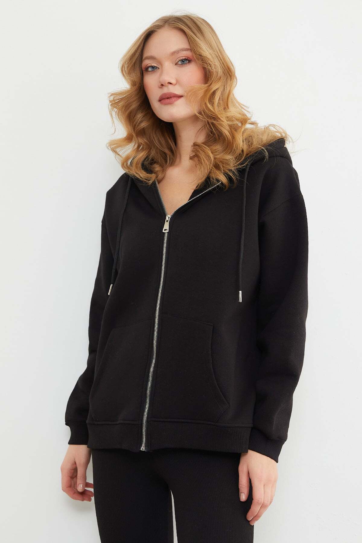 Fullamoda  Basic Fermuarlı Kapüşonlu Oversize Sweatshirt - Görsel 3