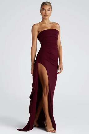 theanemos Straplez Yırtmaç Detaylı Uzun Elbise - Bordo