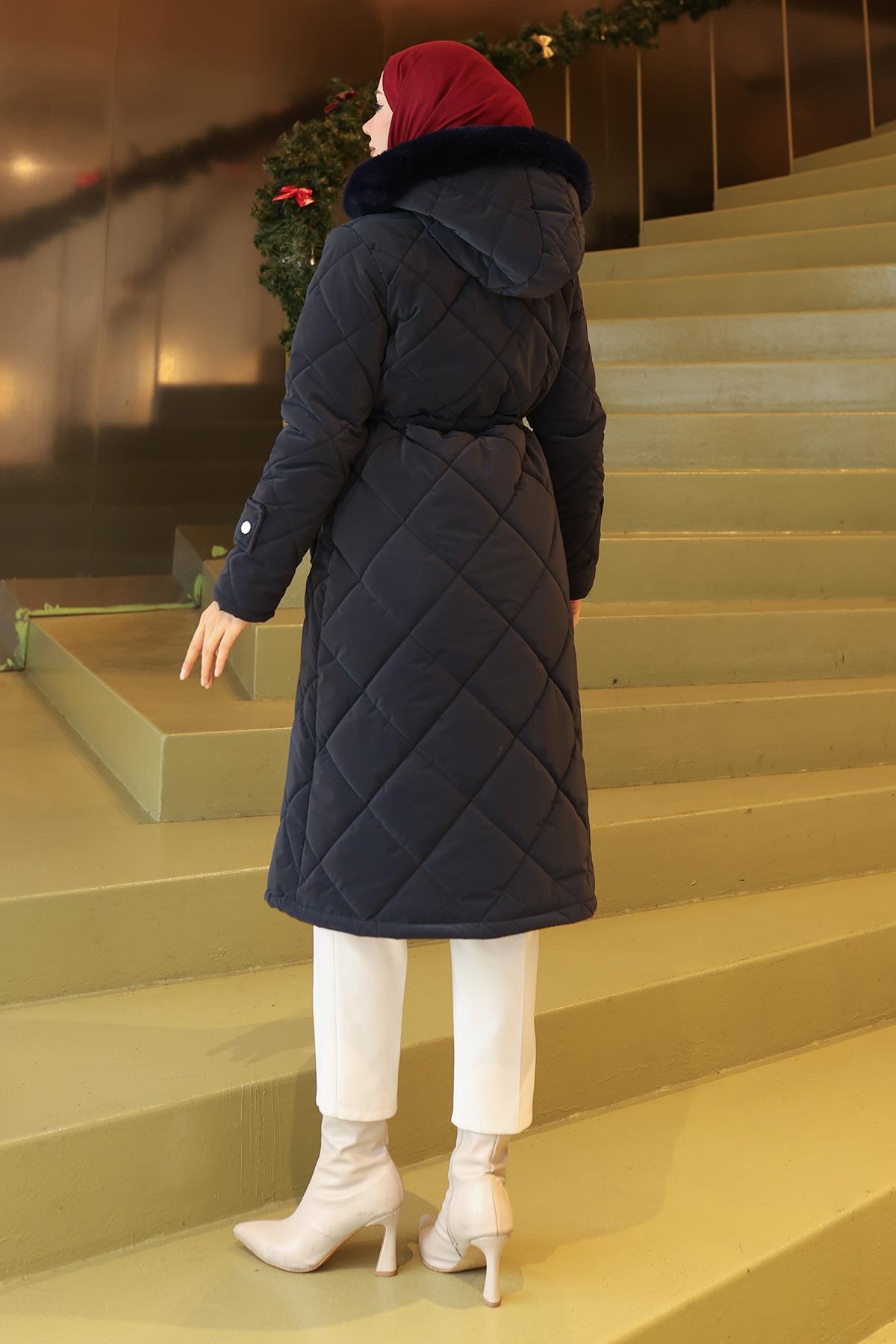 Missvalle  Fermuarlı Beli Bağcıklı Kapitone Mont Lacivert 19283 - Görsel 4