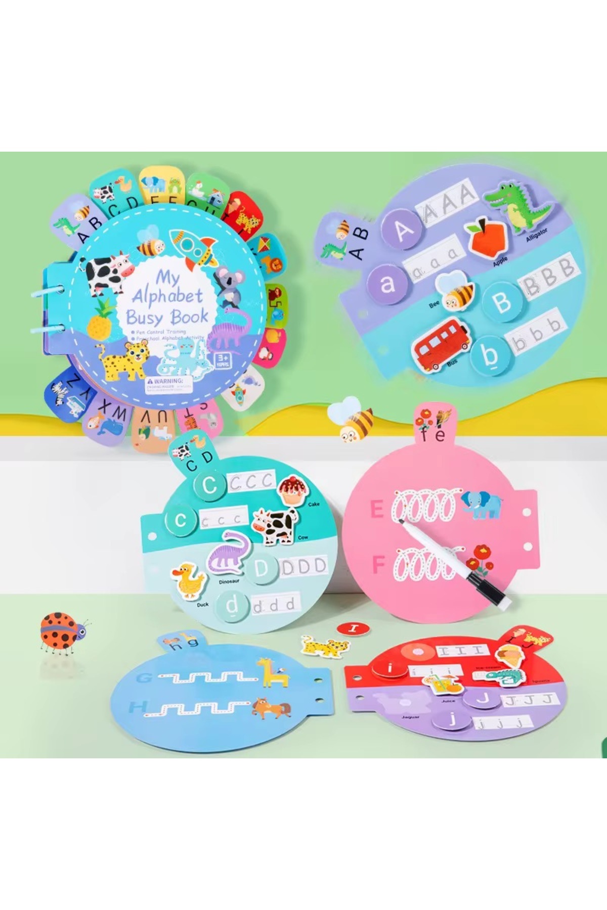 کتاب سرگرمی الفبای من – کتاب فعالیت آموزشی قابل استفاده مجدد برای یادگیری حروف – اسباب‌بازی آموزشی – سنین ۳ سال به بالا