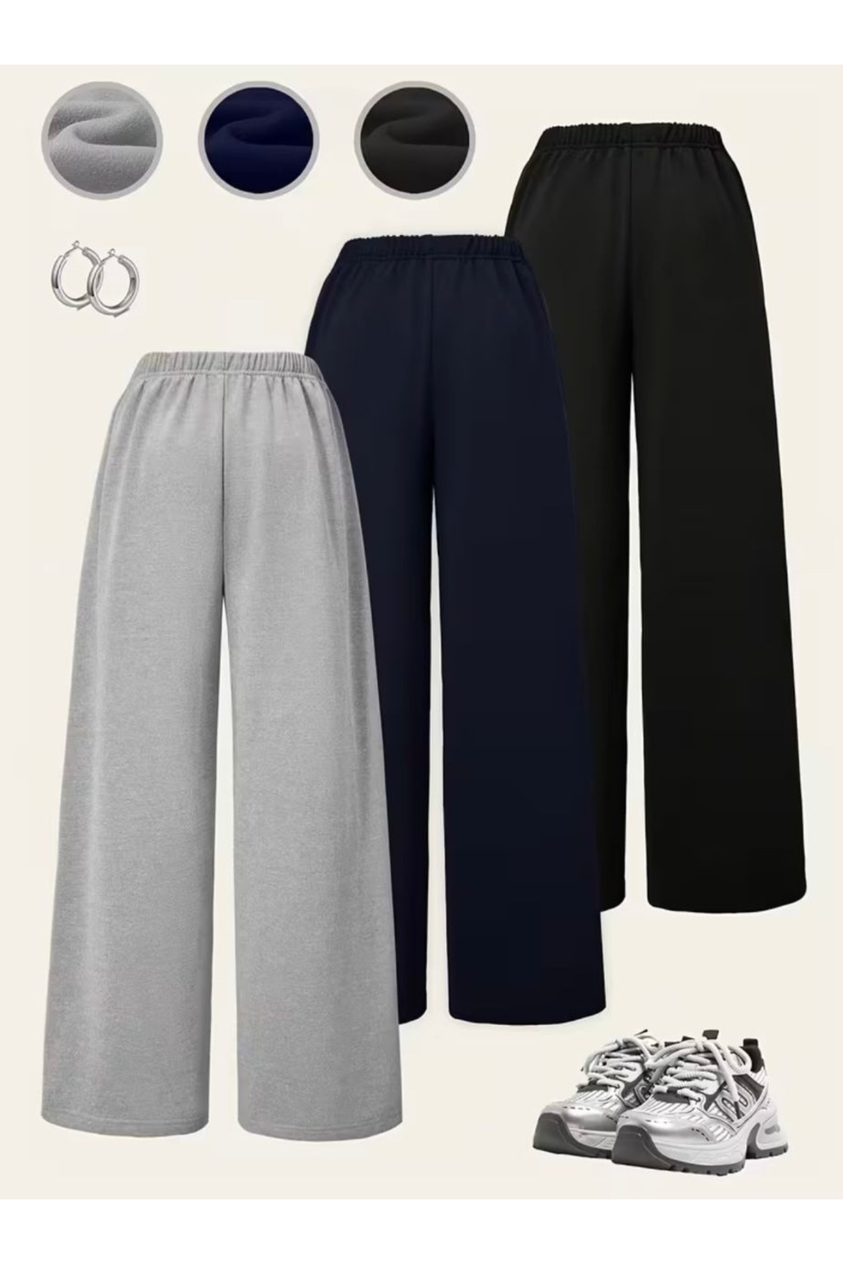 GERLAY  DÖRT MEVSİM GİYİLEBİLEN ÜÇ ADET SİYAH GRİ LACİVERT DÜZ PAÇA BOL EŞOFMAN ALTI - Görsel 2