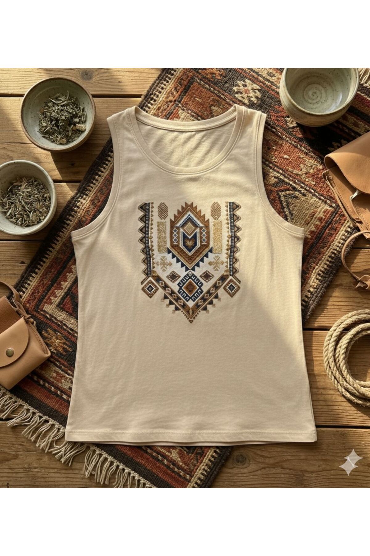 FAVORİST  Etnik Desen Baskılı Kadın Omuzu Açık Kolsuz Askılı Tshirt - Görsel 2