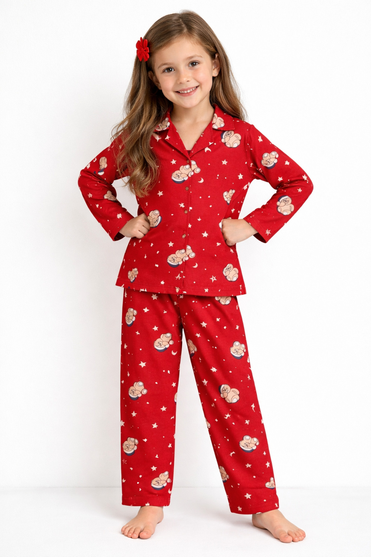 Red Patterned Long Sleeve Front Buttoned Shirt Collar Girl Pajamas Set