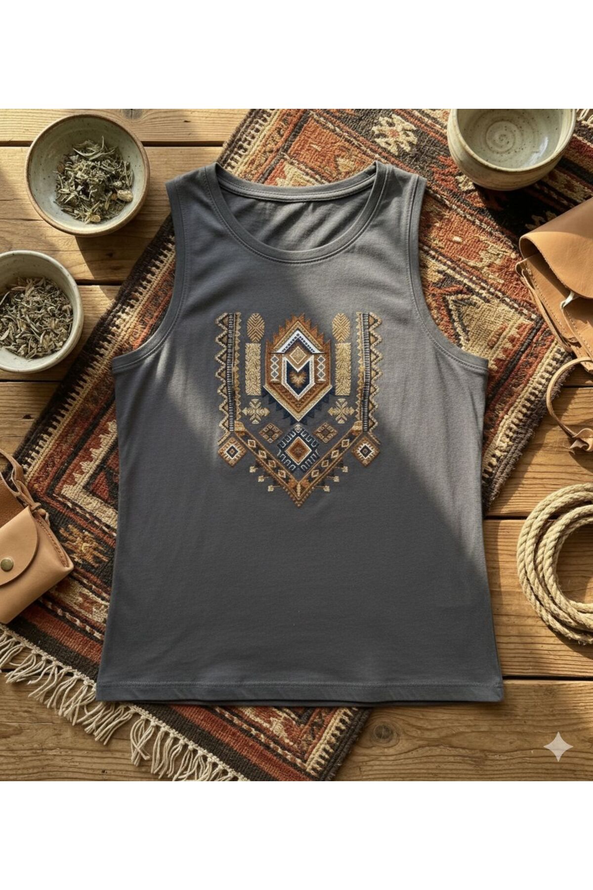 FAVORİST  Etnik Desen Baskılı Kadın Omuzu Açık Kolsuz Askılı Tshirt - Görsel 3