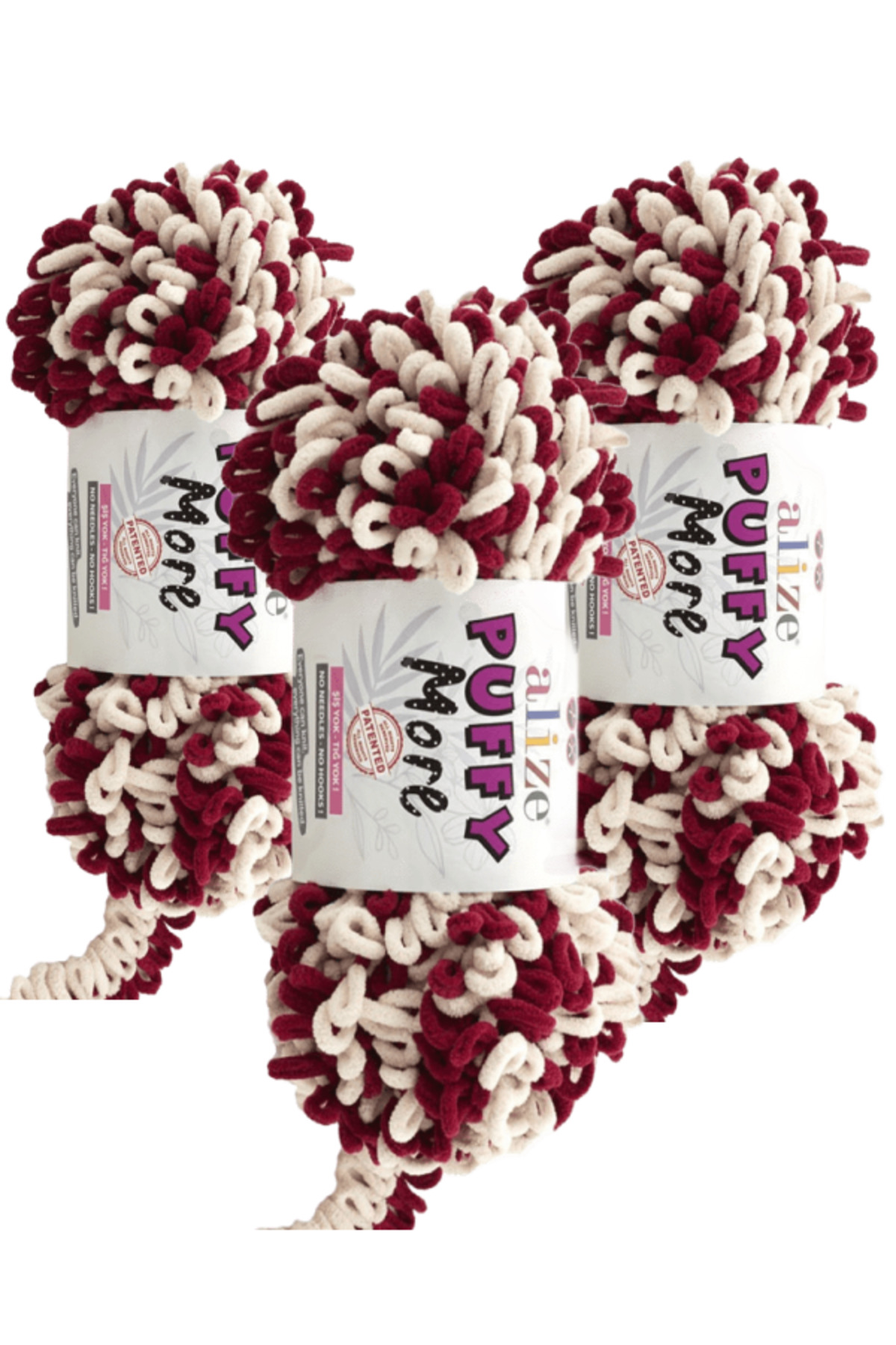 Puffy More Hand Knitting Yarn 3 Pieces – 6271 Burgundy Cream – 150 Gr. 11.5 Mt. – Blanket, Scarf, Vest