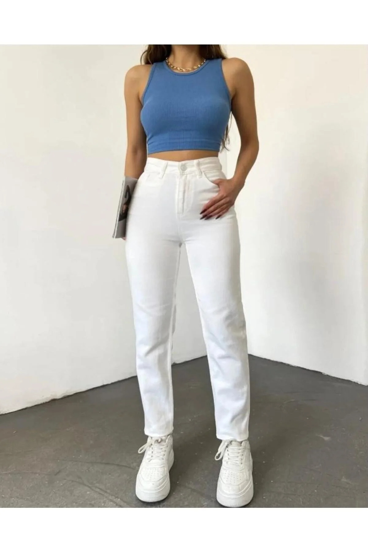Zero Pants JnsWrld Women's White Mom High Waist Stretch Leg Jeans-1
