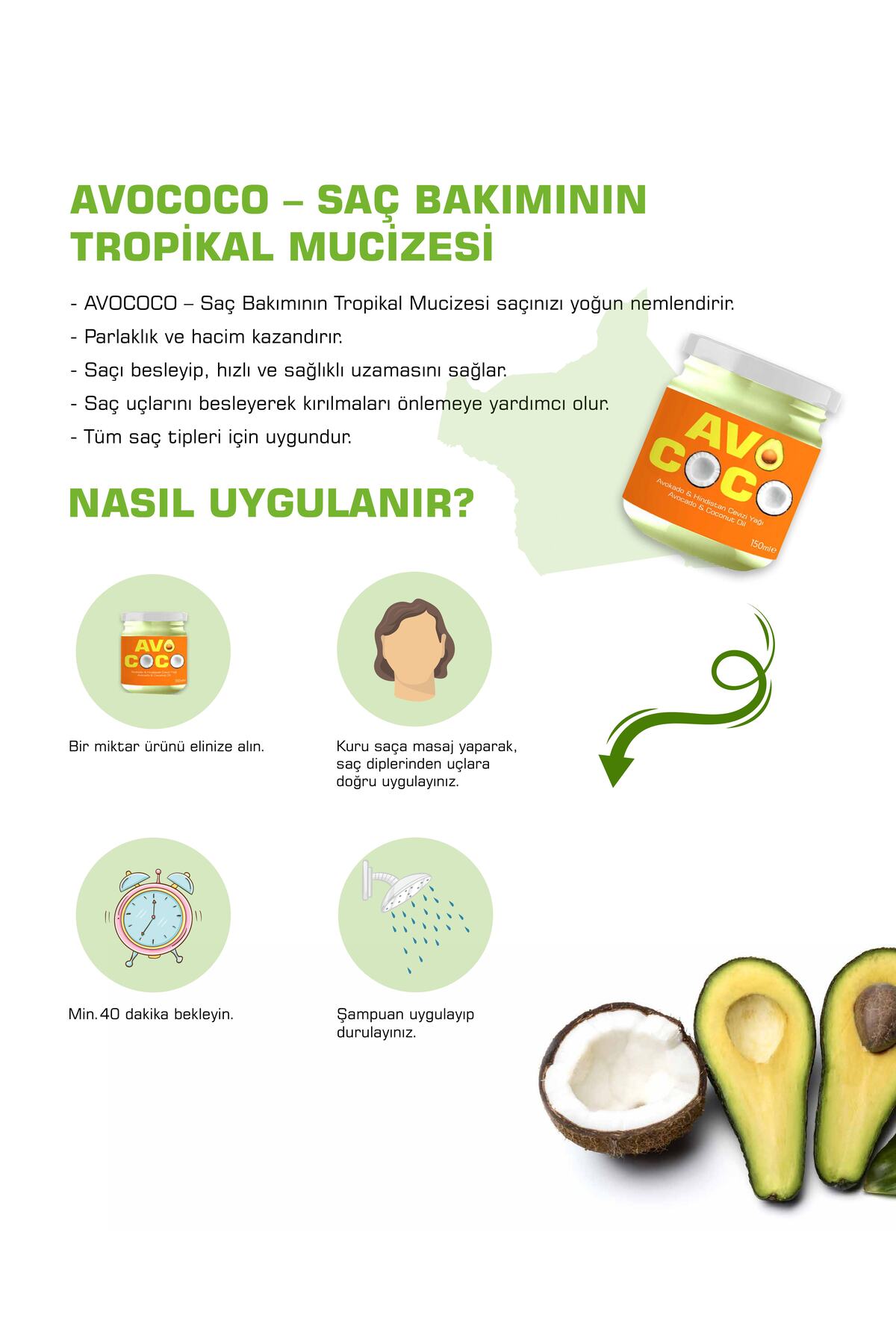 %100 Avococo Avokado & Hindistan Cevizi Yağı 150ML (Soğuk Sıkım) — AVOCOCO150 — تصویر 3 از 4
