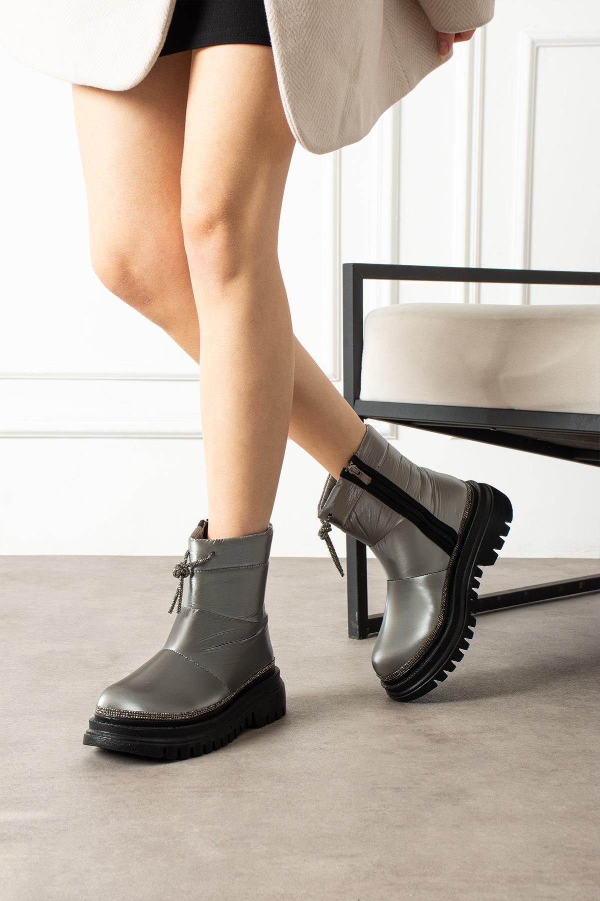 ShoeTek Gavia Kadın Kar Botu Fermuarlı Taşlı Paraşüt Kumaş Platin görsel 2