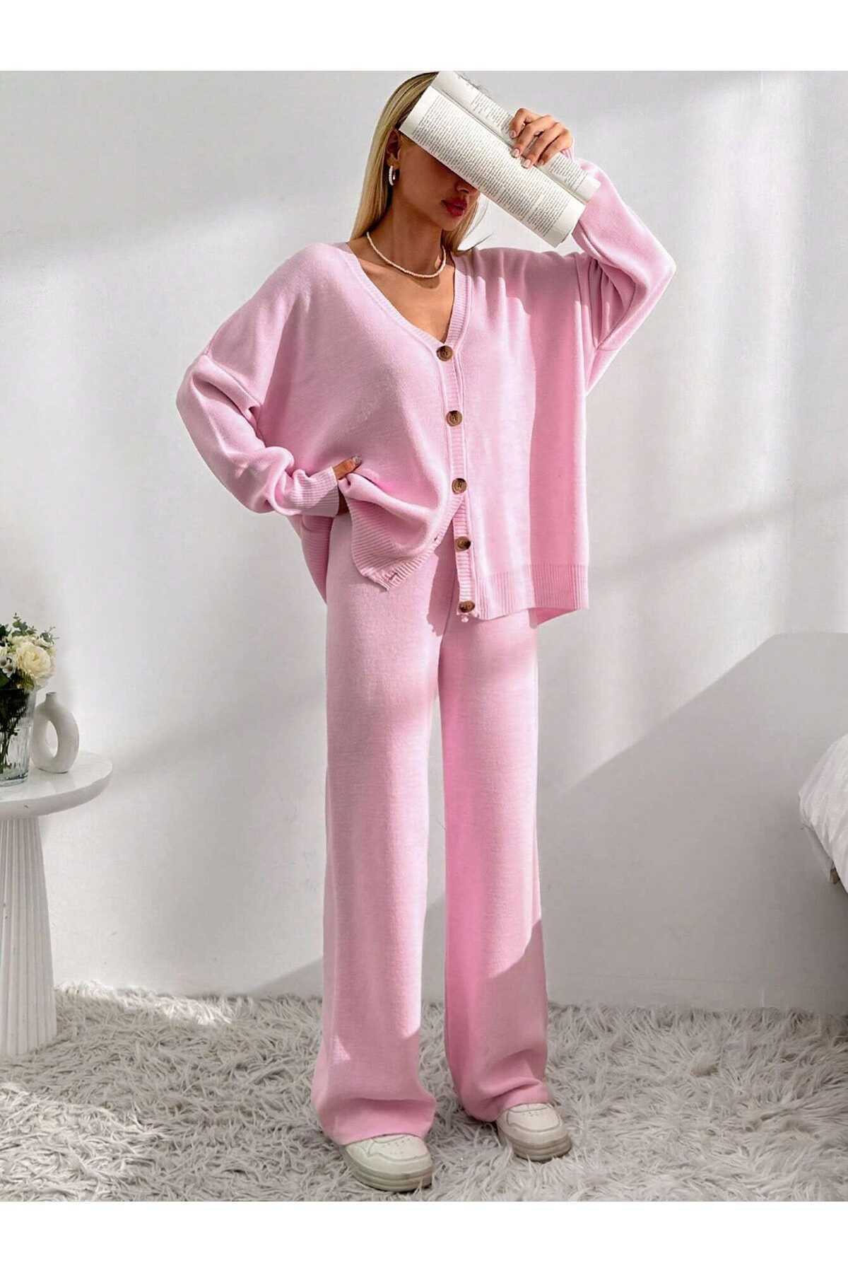 KAREN TEKSTİL v-подібний комір, кардиган-штани, комплект з 2 предметів