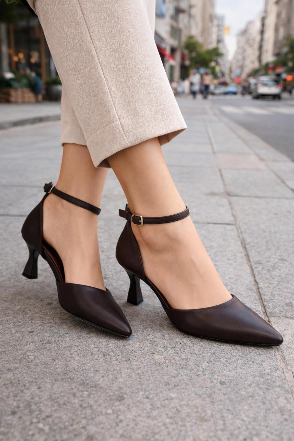 DORA  kadın tenitas sivri ince topuklu stiletto -kahve deri - Görsel 2