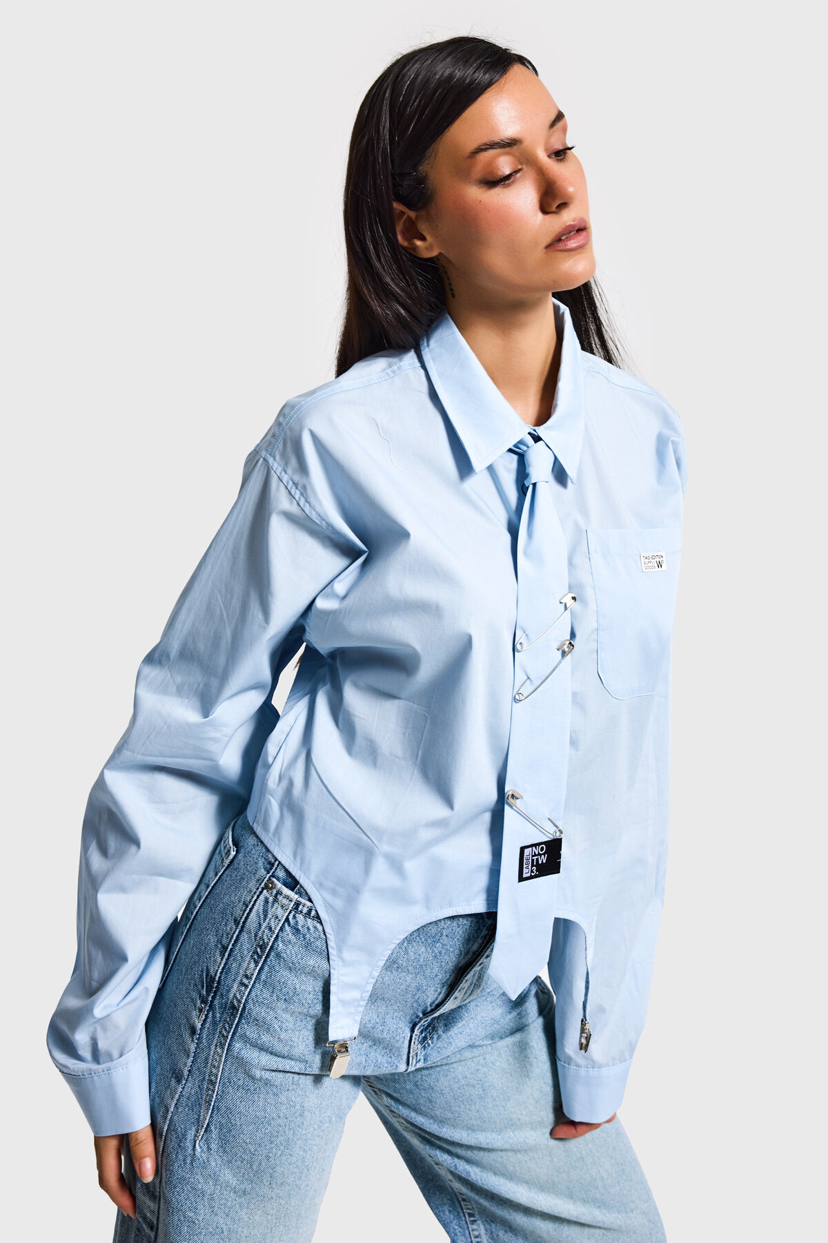 it's basic Cămașă croială largă cu design cu cravată de culoare albastră pent...