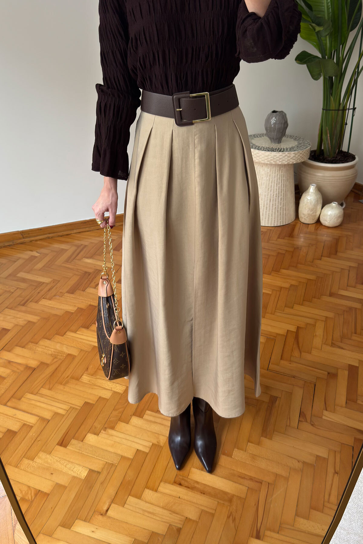 MAGARDE  Kemer Detaylı Önü Yırtmaçlı Midi Etek- HAKİ