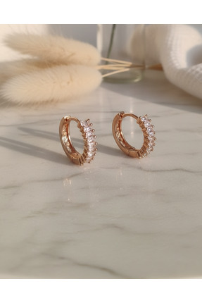 Rose Gold Zirkon Taşlı Halka &Ccedil;elik K&uuml;pe