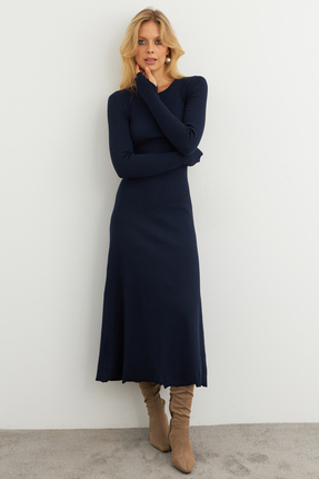 NEW JOURNAL Kadın Lacivert Bağlamalı Kaşkorse Midi Elbise COL2268