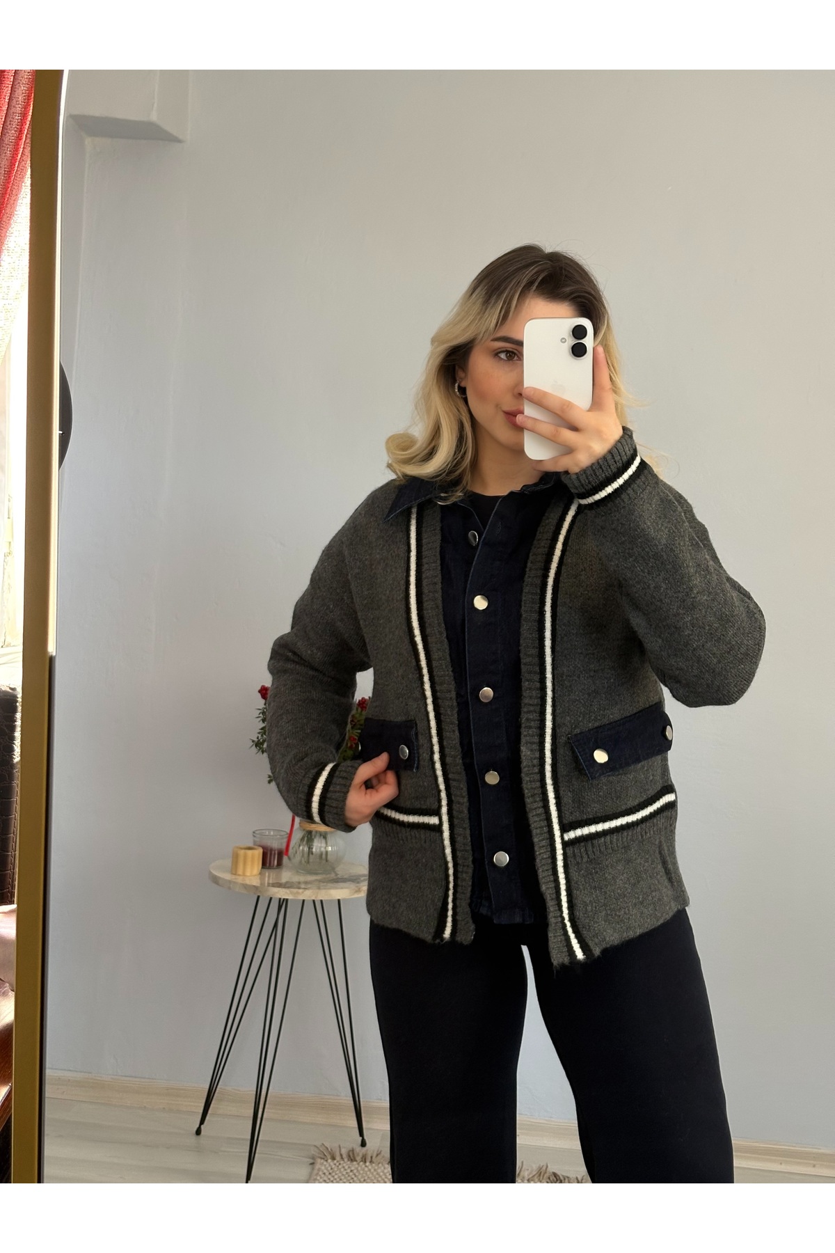 Denim Detay Cepli Hırka — خاکستری 263738200182 — تصویر 4 از 4