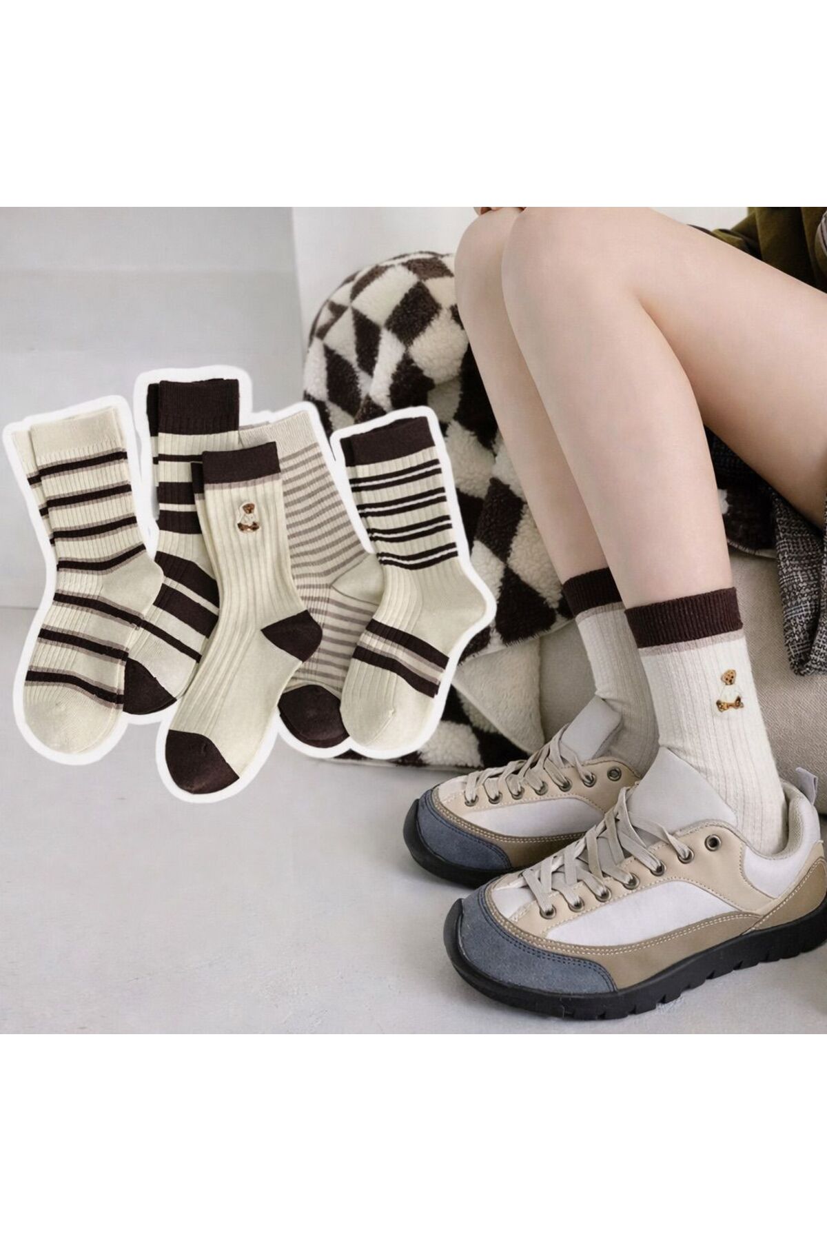 Sky Socks 5'li Ekonomik Paket Ekru - Kahve Desenli Unisex Tenis Çorap Seti görsel 5