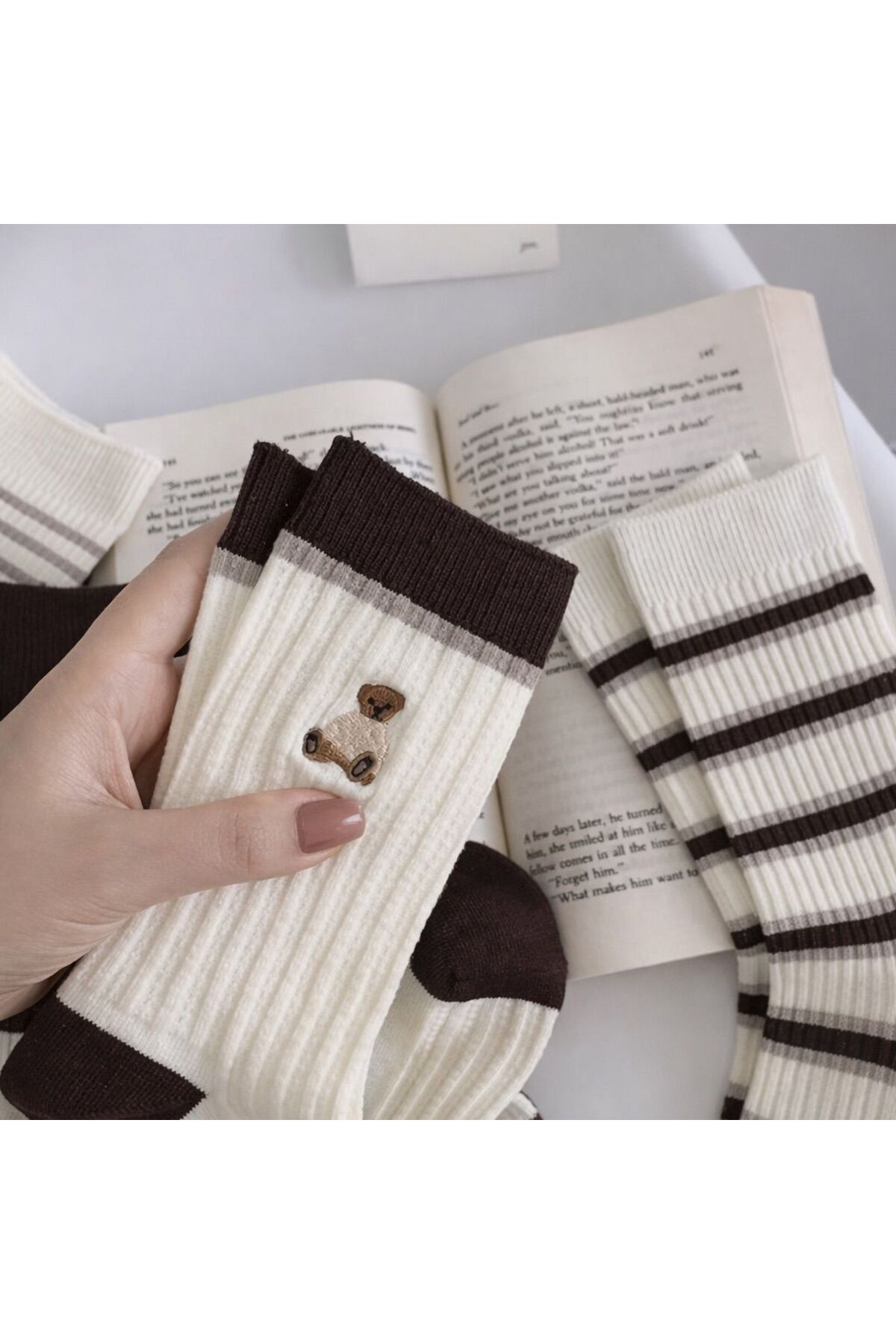 Sky Socks 5'li Ekonomik Paket Ekru - Kahve Desenli Unisex Tenis Çorap Seti görsel 2