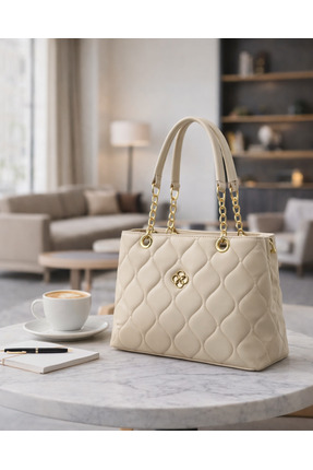 Bersia Kadın Krem Kapitone Deri Omuz Çantası – El Çantası, Kol Çantası, Zinci...