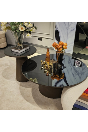 SHOWDEKO Milano İkili Deri Bronz Ayna Üst Tabla Orta + Yan Sehpa Seti Ç100xY43cm