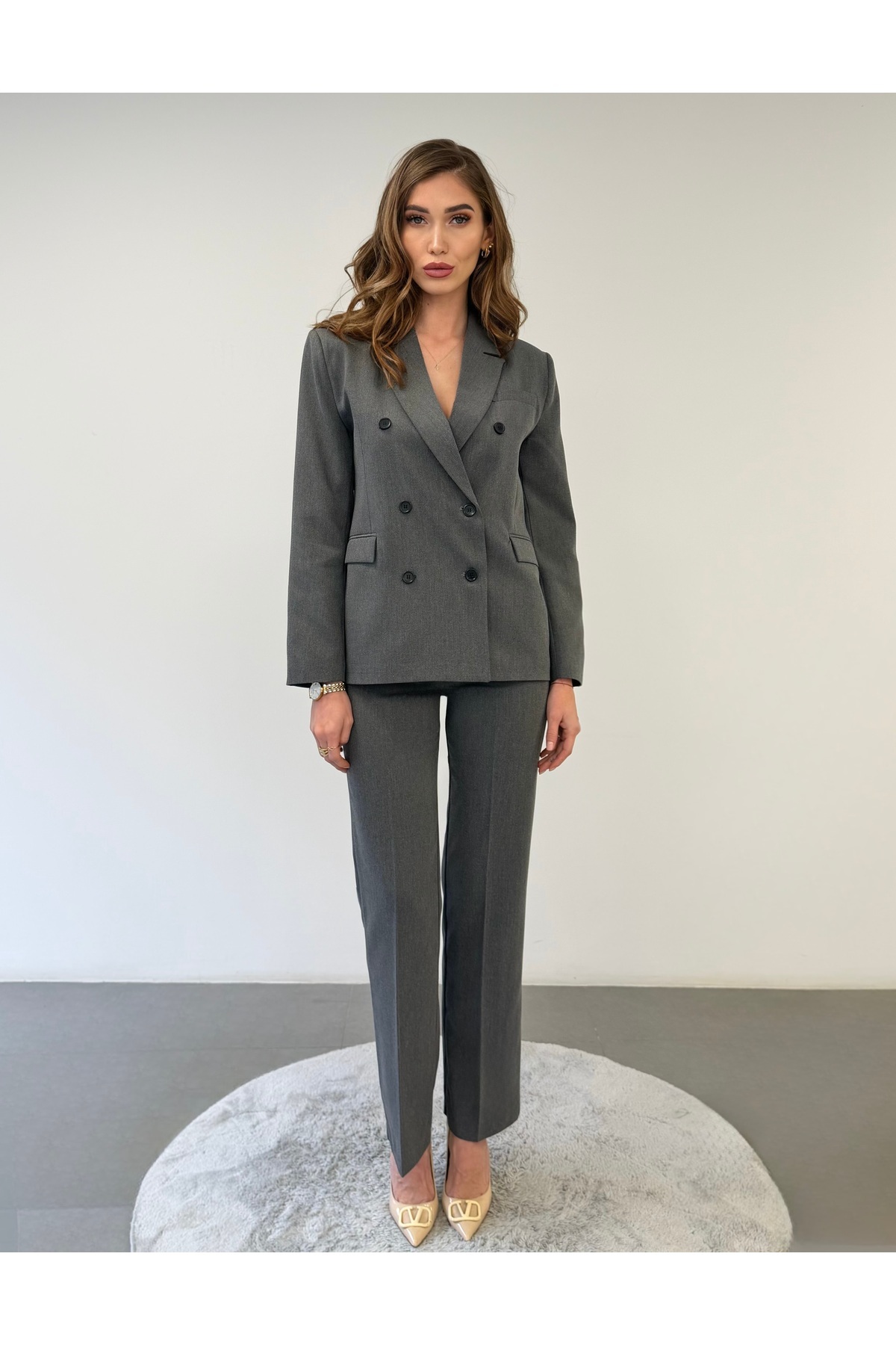 ossons Modern Fit Anthracite Double-Breasted Jacket with Straight-Leg Trousers Office Style Suit