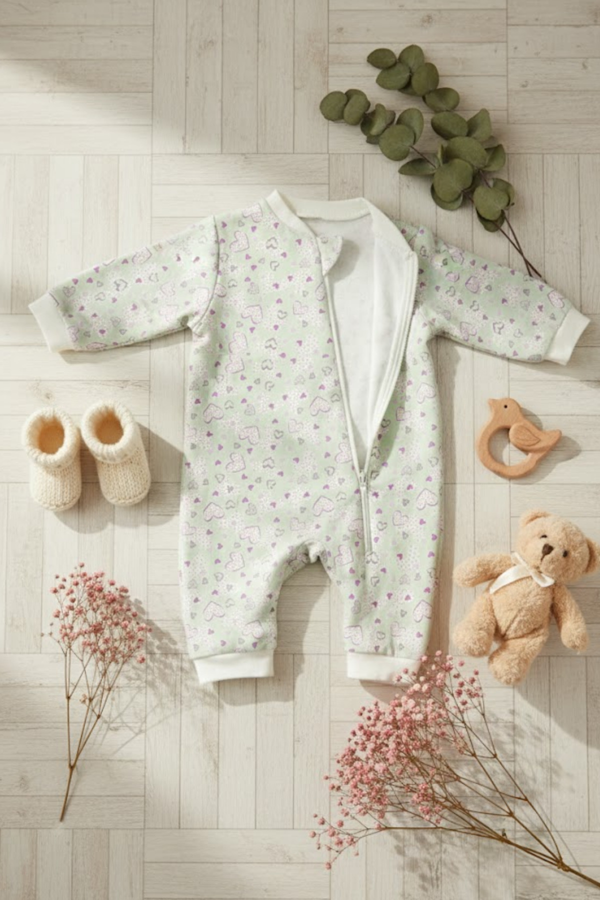 Uyku Tulumu %100 Pamuklu, Kalp Temalı Tulum | Unisex Bebek- Çocuk Uyku Tulumu 1-8 Yaş