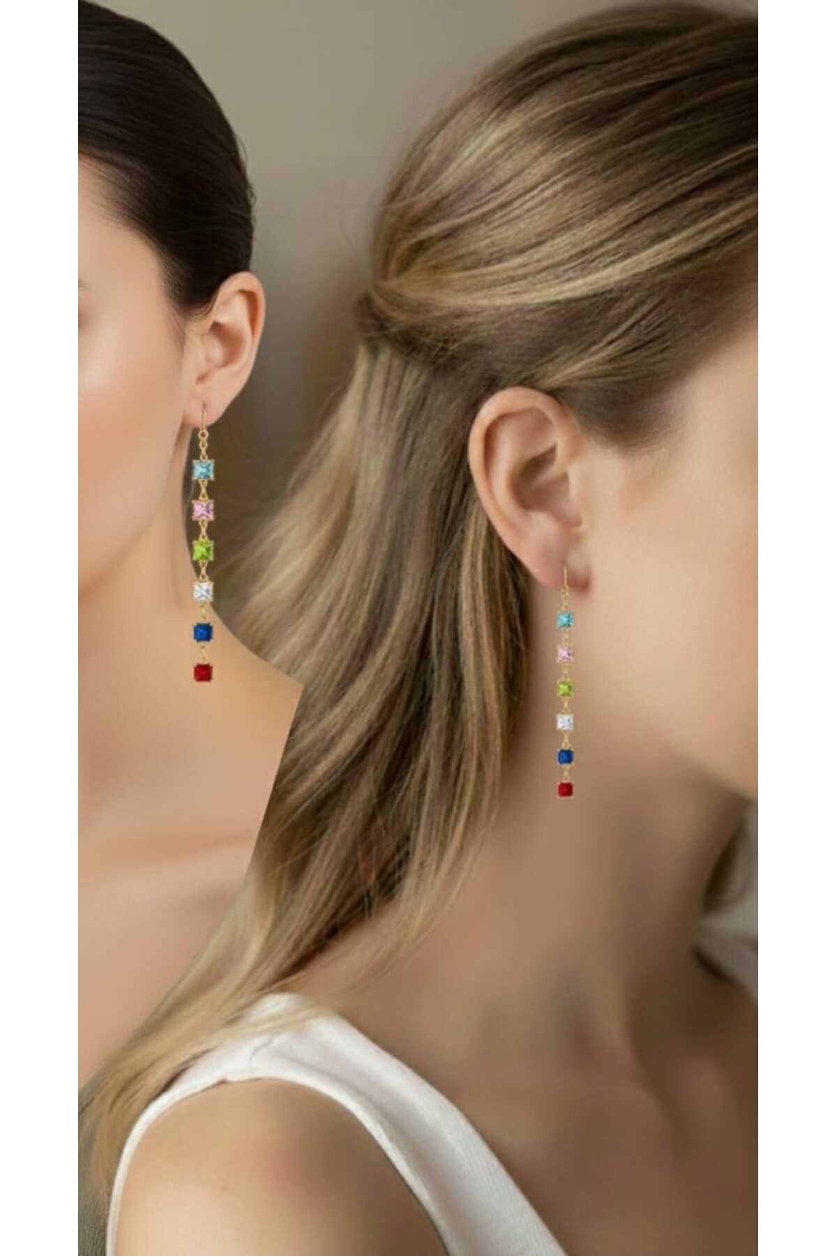Women's Gold Swing Colored Gemstone Trendy Women's Earrings- MODEL 4