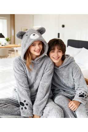 NiCe İç Giyim Gri Ayıcık Temalı Welsoft Peluş Yumuşacık Pijama Takım Yetişkin...