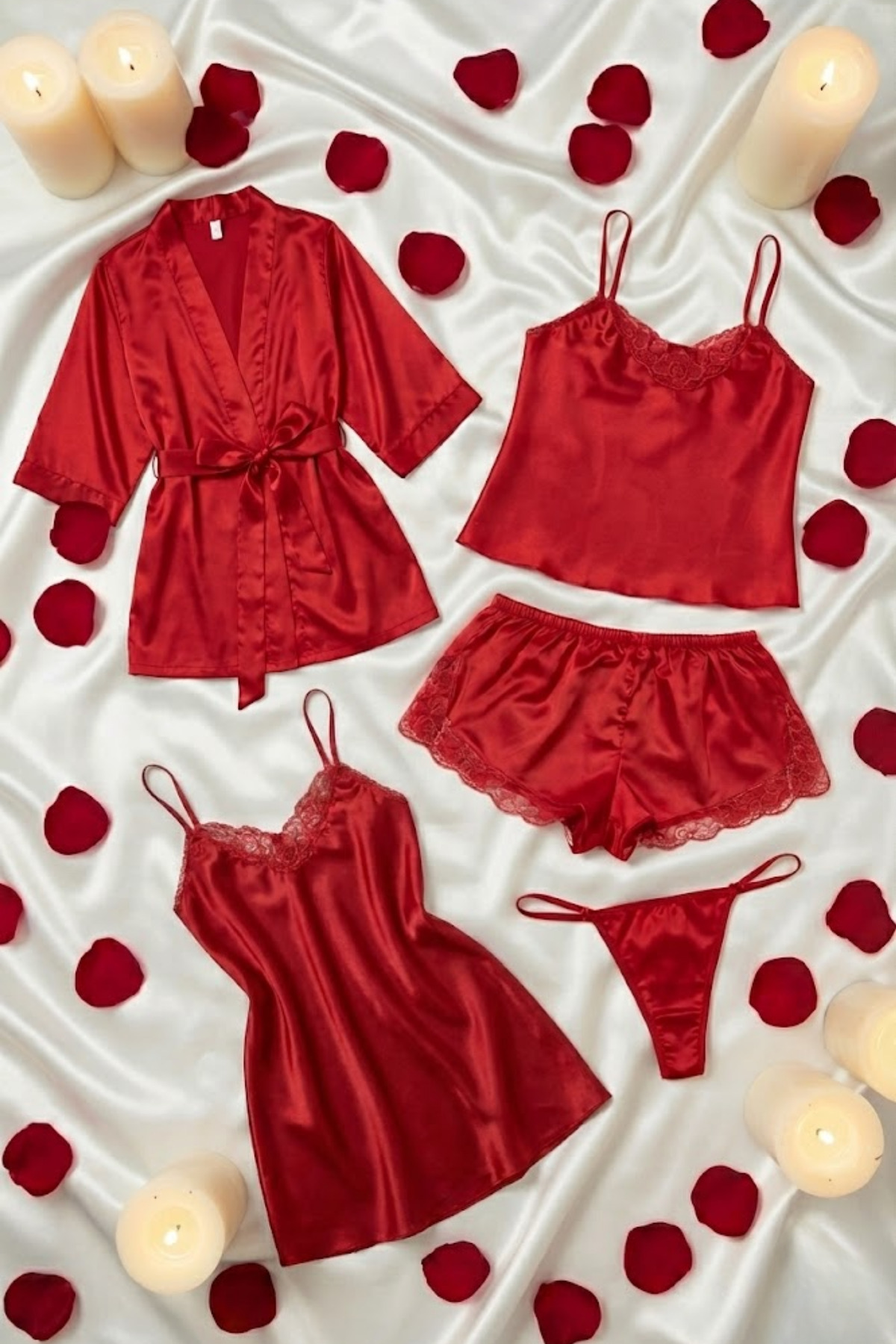 ZENCHES Kadın Saten 5’li Çeyiz Seti Sevgililer Günü Özel Kırmızı-Şortlu Takım,Sabahlık,Tanga ve Gecelik