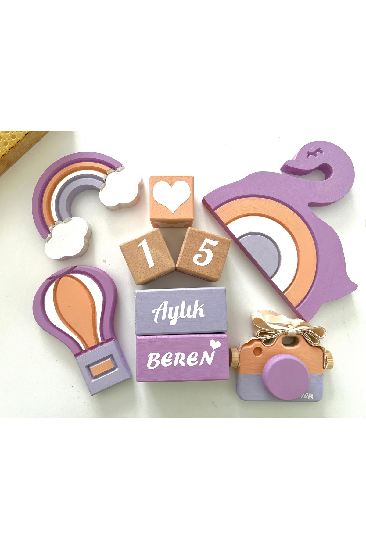 Mor kuğulı objeli set kişiye özel bebek hediyelik