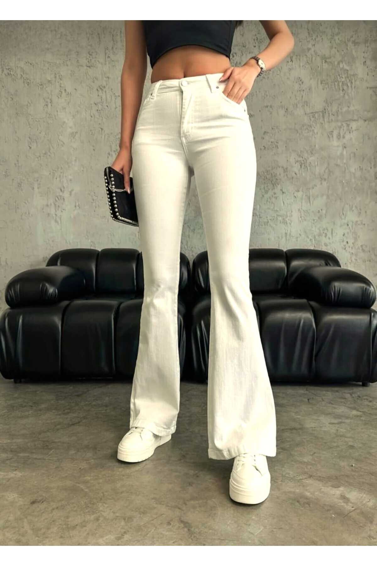 Ramrod  İspanyol Kadın Lilralı Kırık Beyaz Yüksek Bel Jeans (Kalın Kumaş İç göstermez) - Görsel 2