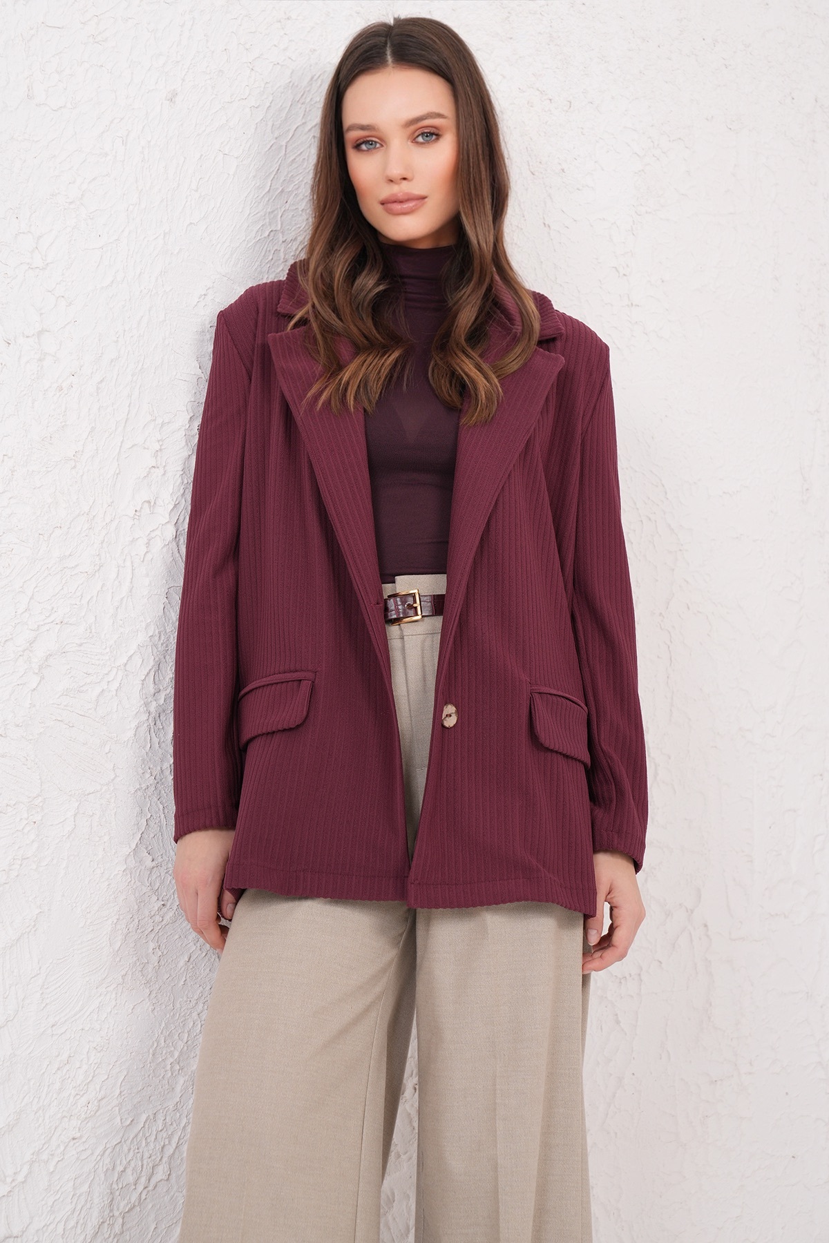 Trend Alaçatı Stili  Bordo Oversize Blazer Ceket ALC-X14776 - Görsel 3