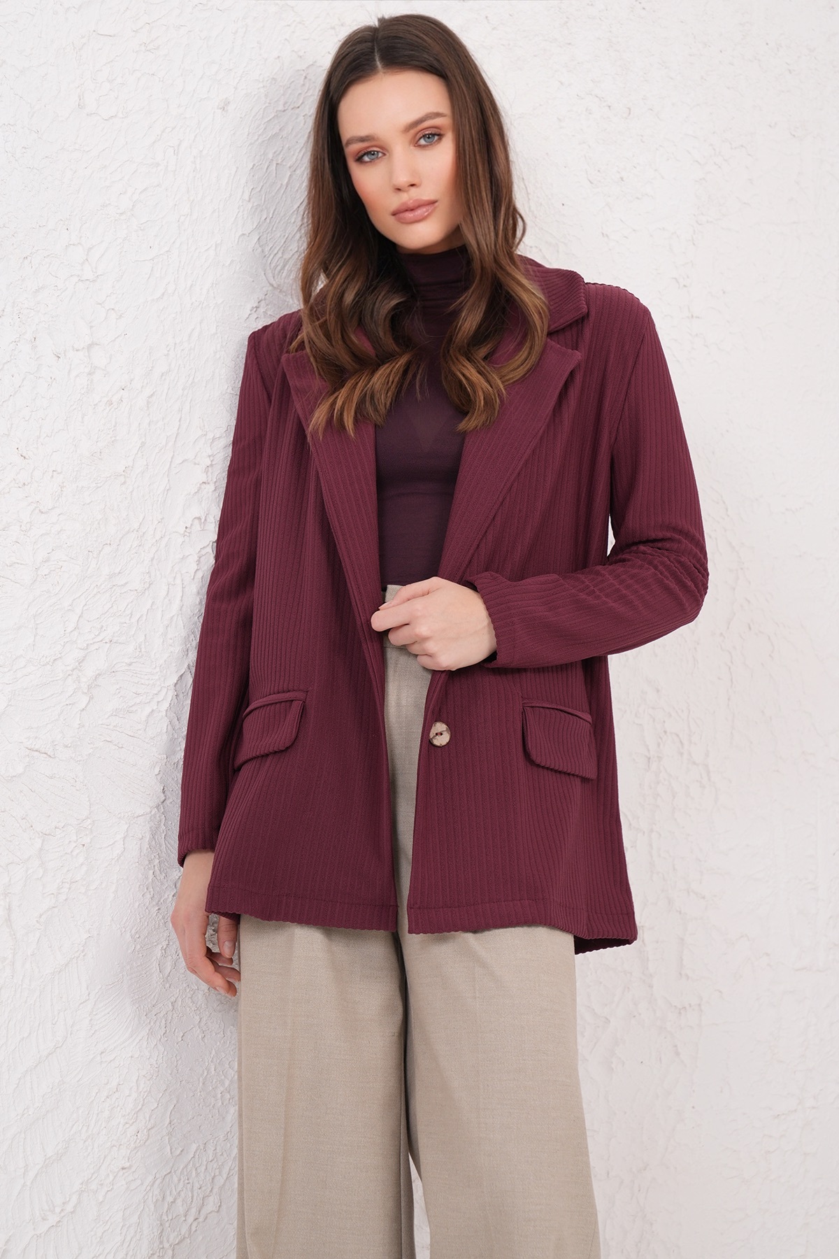 Trend Alaçatı Stili  Bordo Oversize Blazer Ceket ALC-X14776 - Görsel 5