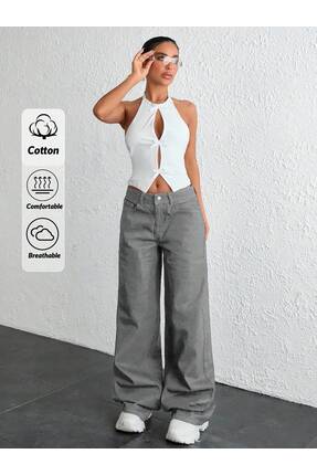 SİNGBADA Kadın Füme Gri Wide Leg Bol Paça Jean Pantolon