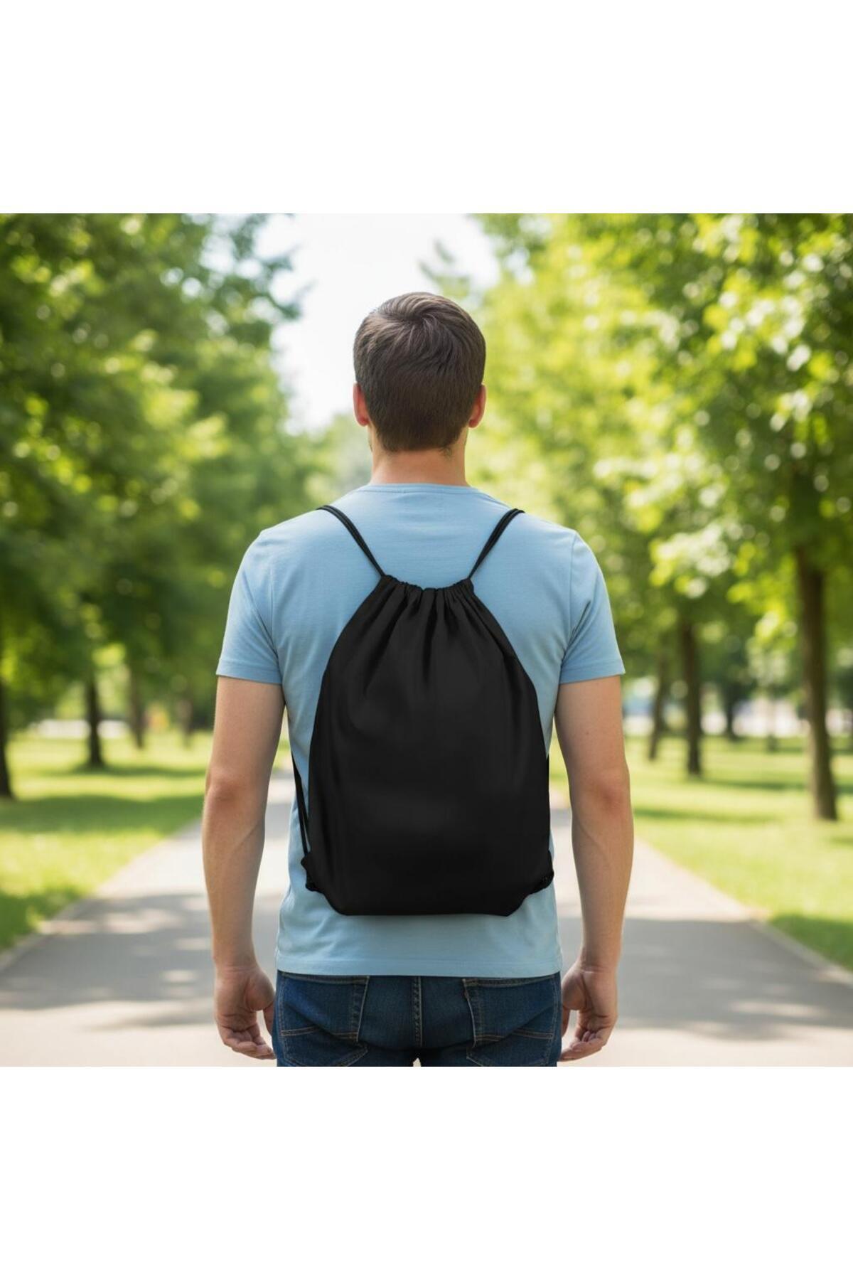 حقيبة ظهر سوداء برباط سحب - حقيبة رياضية خفيفة الو...