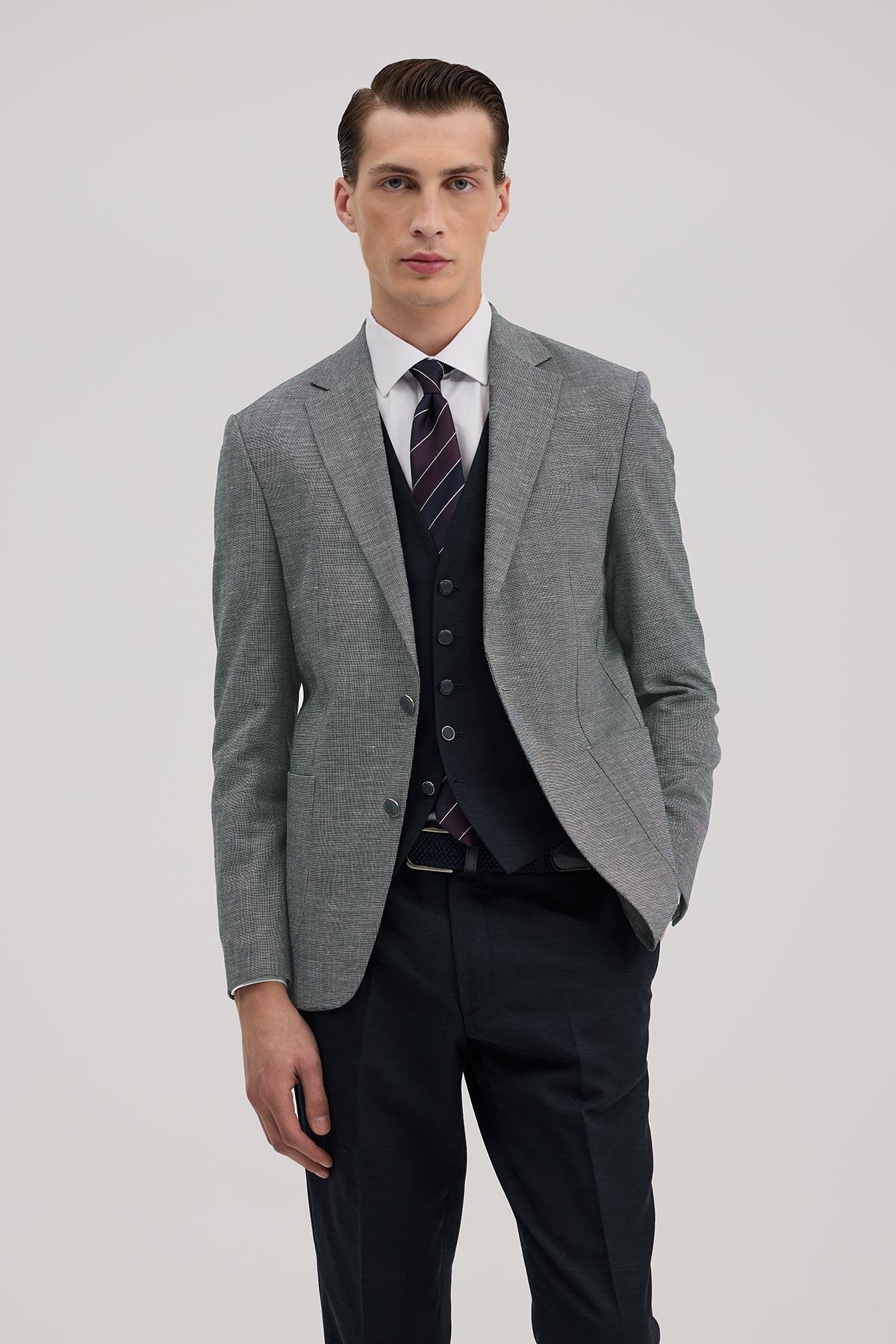 Lacivert Slim Fit Mono Yaka Yelekli Keten Karışımllı Takım Elbise — سرمه‌ای JK39SF02M093 — تصویر 2 از 5