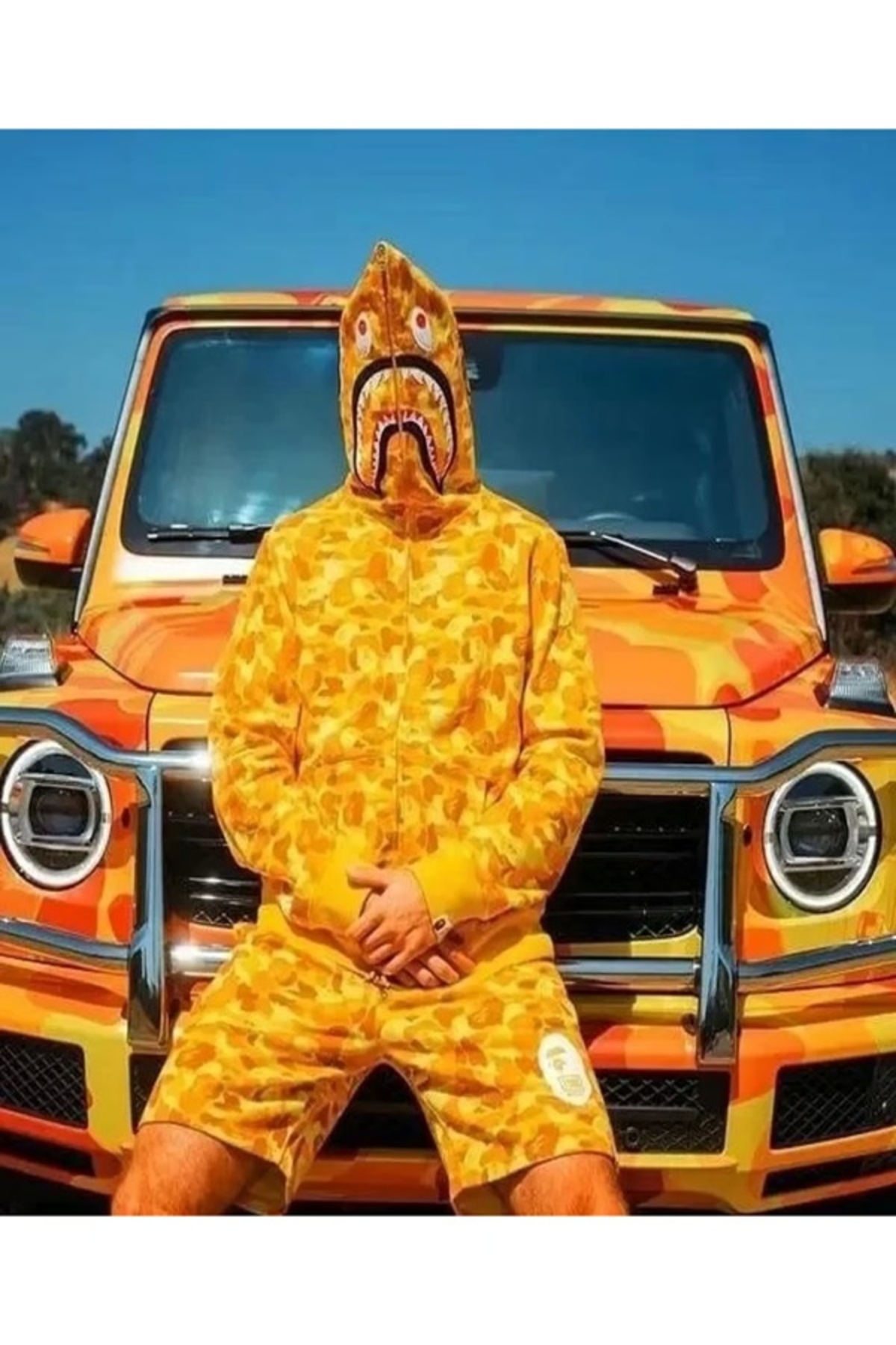 Genel Markalar  Unisex 2 Iplik Bape Kapüşonu Fermuarlı Hırka - Sarı - Görsel 3