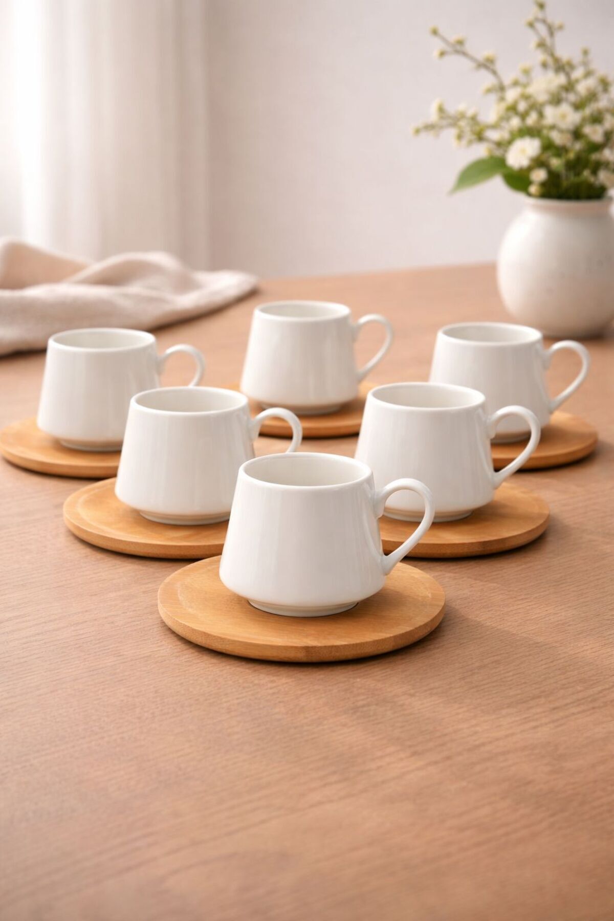 YzHome 6 Kişilik Porselen Bambu Tabaklı Kahve Fincan Takımı Seti 100ml ...