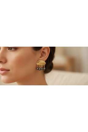 HERMONASSA Altın Kaplama Bulut Model Siyah Gerçek İnci Küpe