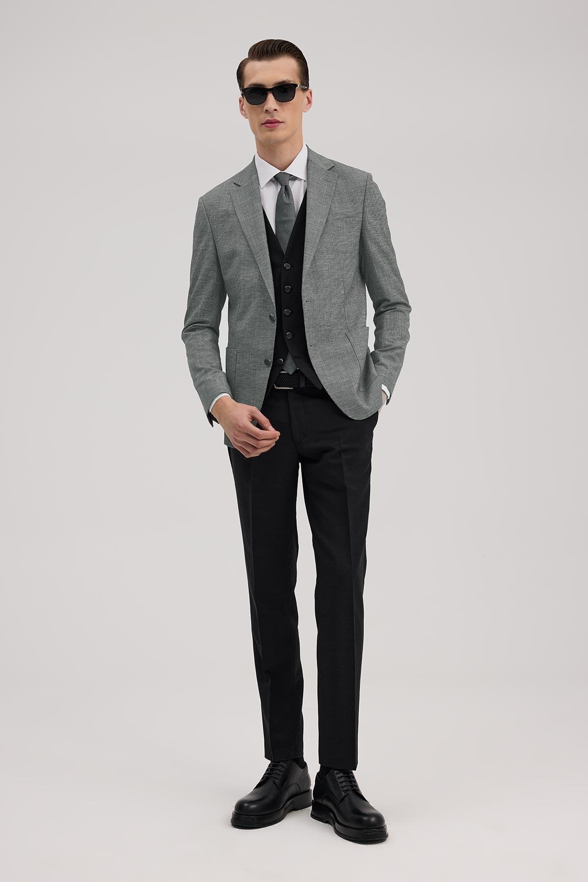 Jakamen Siyah Slim Fit Mono Yaka Yelekli Kombinli Takım Elbise — مشکی JK39SF02M093