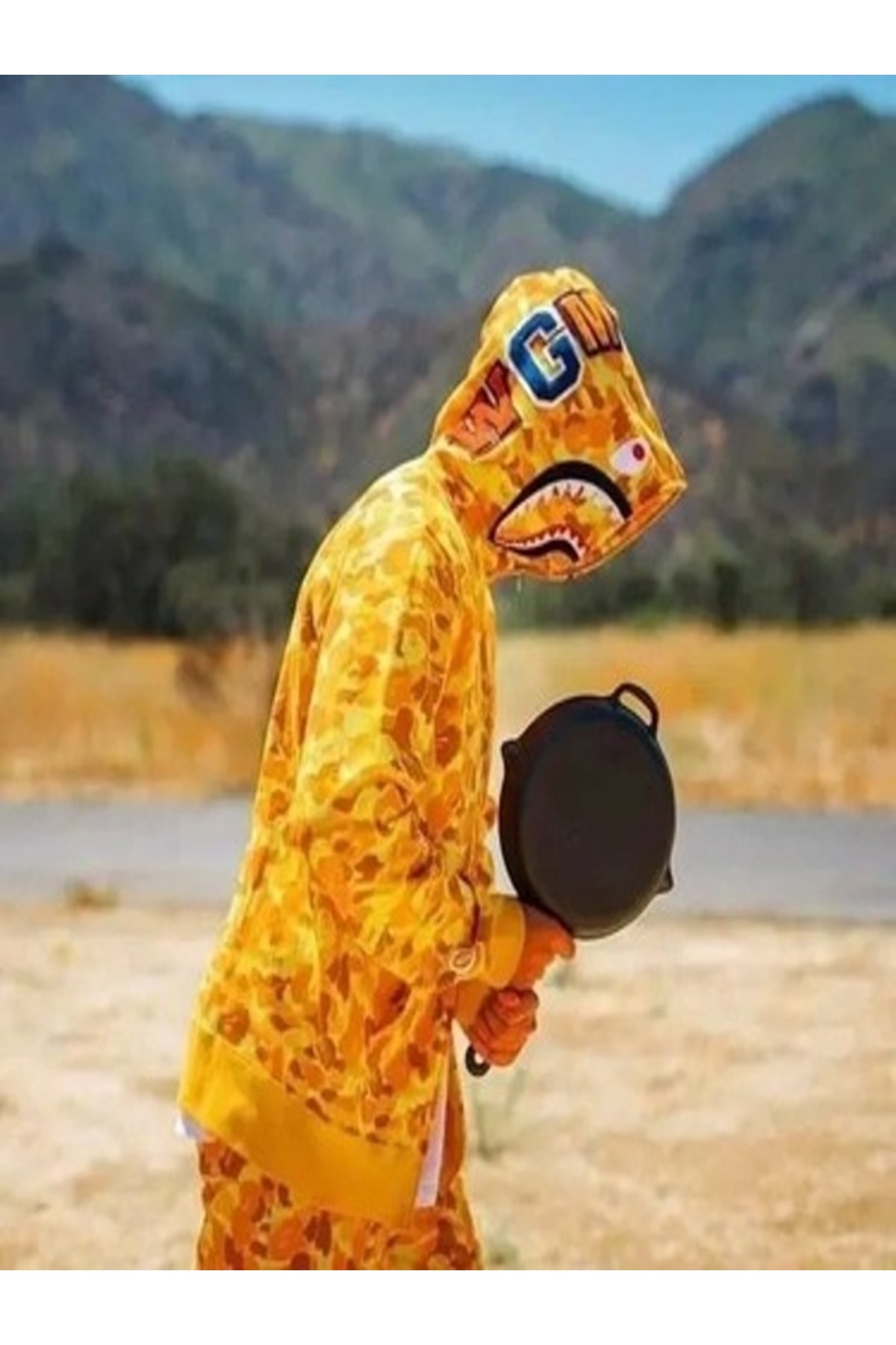 Genel Markalar  Unisex 2 Iplik Bape Kapüşonu Fermuarlı Hırka - Sarı - Görsel 4