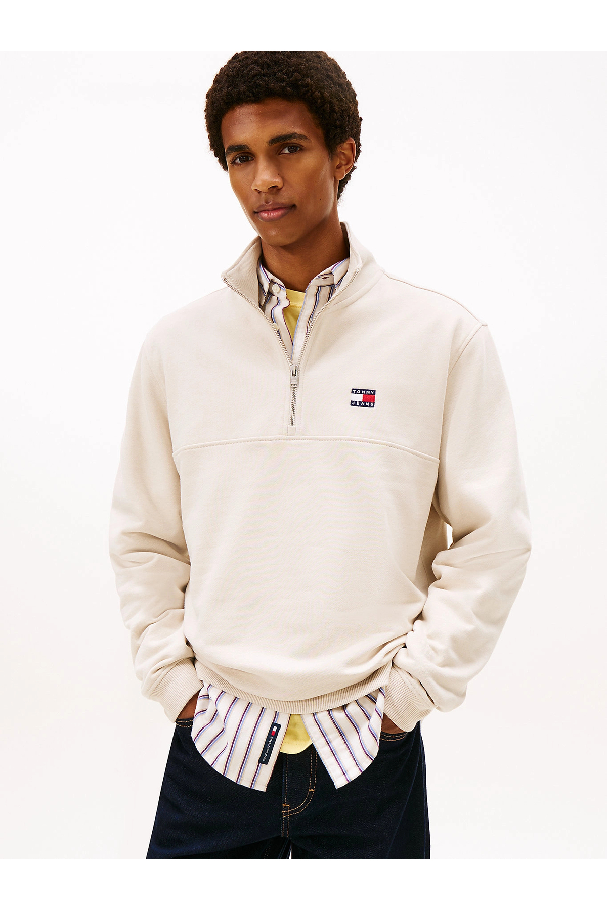 تامی هیلفیگر سویشرت مردانه سفید TJM مدل Regular Fit با نشان و نیم زیپ DM0DM22344YBH