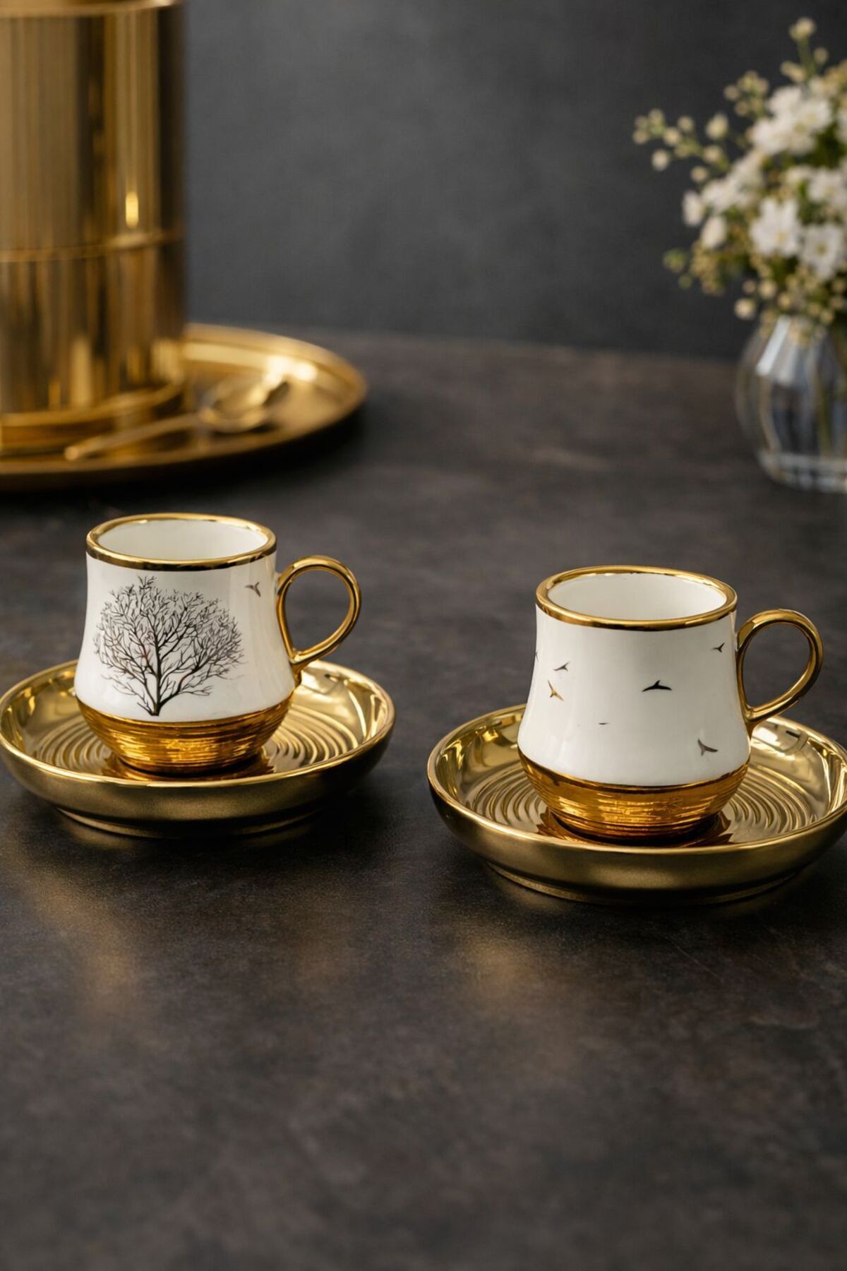 YzHome 2 Kişilik Porselen Gold Detaylı Yaldızlı Kahve Fincan Takımı ...