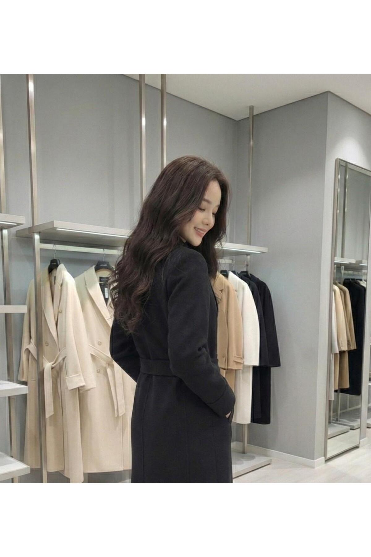 ribana  Kuşaklı Yeni Sezon Astarlı Premium Kalite Rahat Kalıp Kadın Kruvaze Yaka Kaşe Kaban D99581 - Görsel 3