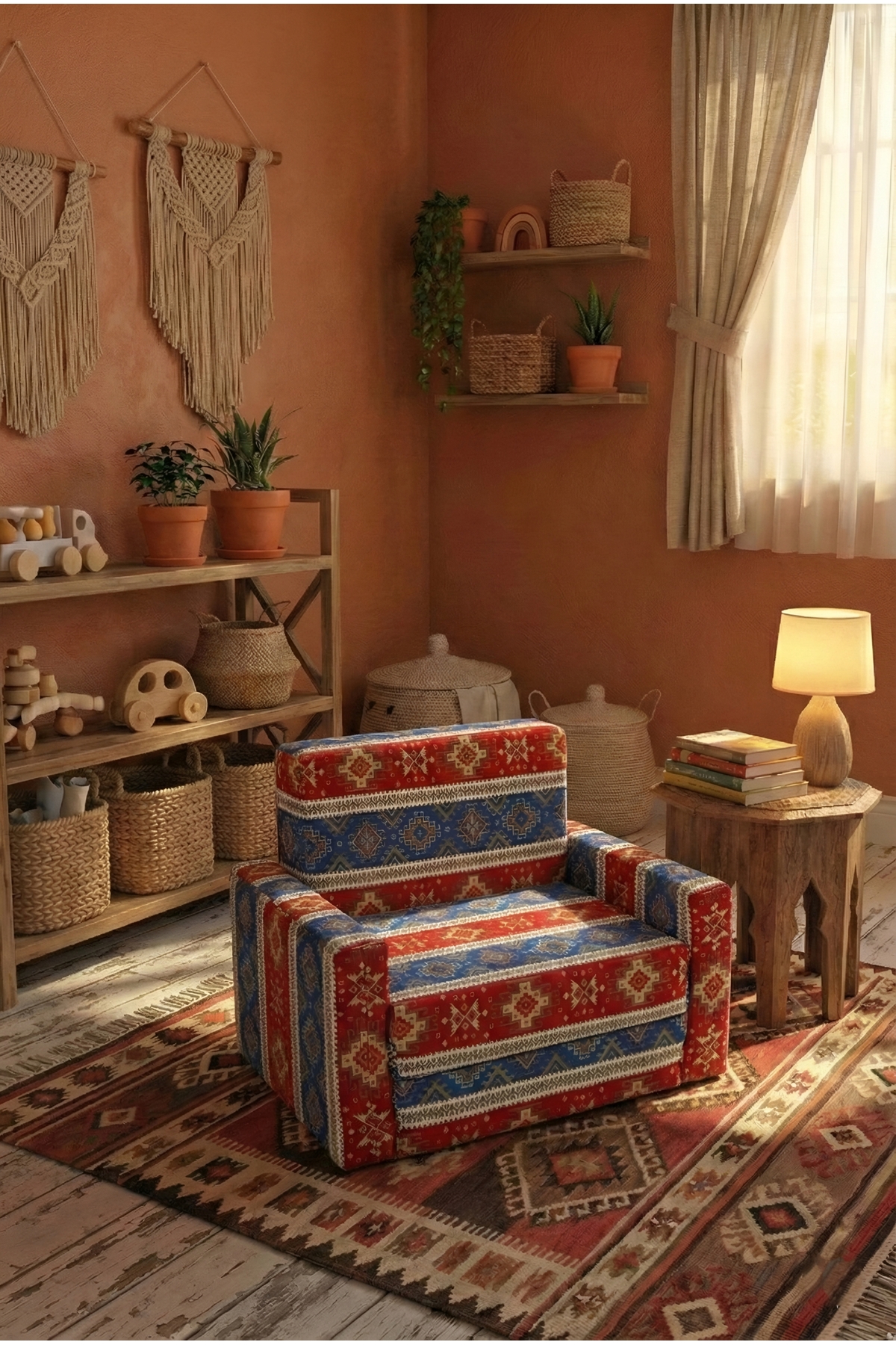 بالش تشک اسفنجی کامل تاشو کودک (۰–۴ سال)، طرح فرش آبی