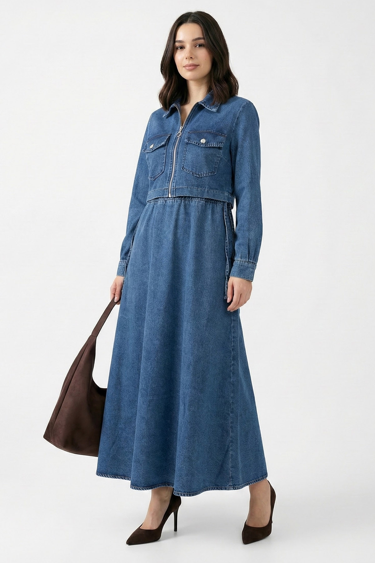 InStyle Blue Denim Set with Pocketed Bolero Dress
