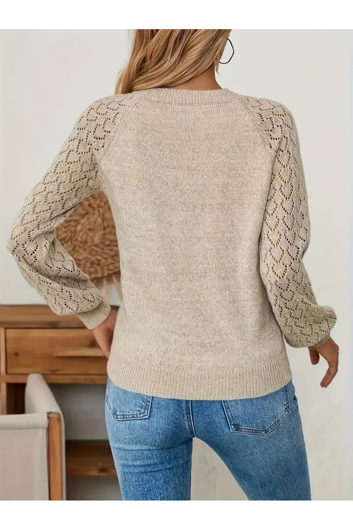 hanope  Kadın Ajur Kol V Yaka Vizon Triko Kazak Yumuşak Dokulu Rahat Kalıp - Görsel 5