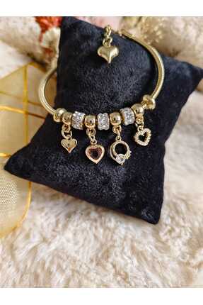 Tuel Gold Detaylı Kalp Formlu Charmlı Bileklik