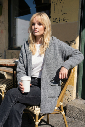 CHUBA Premium Kadın Rahat Kalıp Moher Yün Kapüşonlu Hırka Koyu Gri 26W3040